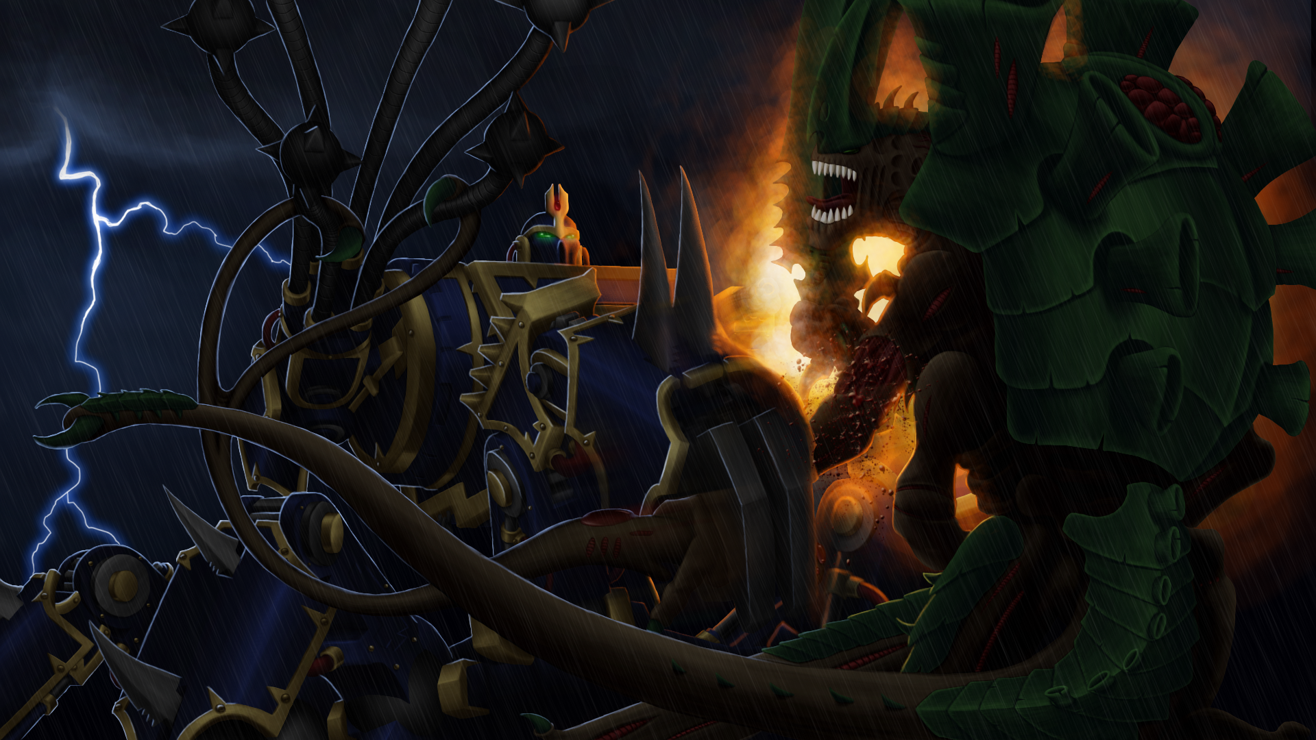 Digital Art of a Thousand Sons Defiler fighting a Tyranid Hive Tyrant, Warhammer 40,000