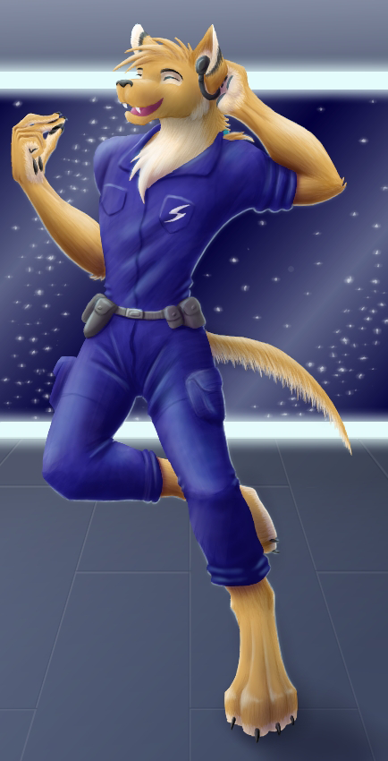 Digital Painting of an Anthropomorphic dingo wearing a blue jumpsuit and dancing