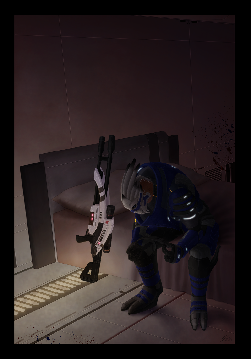 Digital Art of Garrus sitting on a bed, Mass Effect