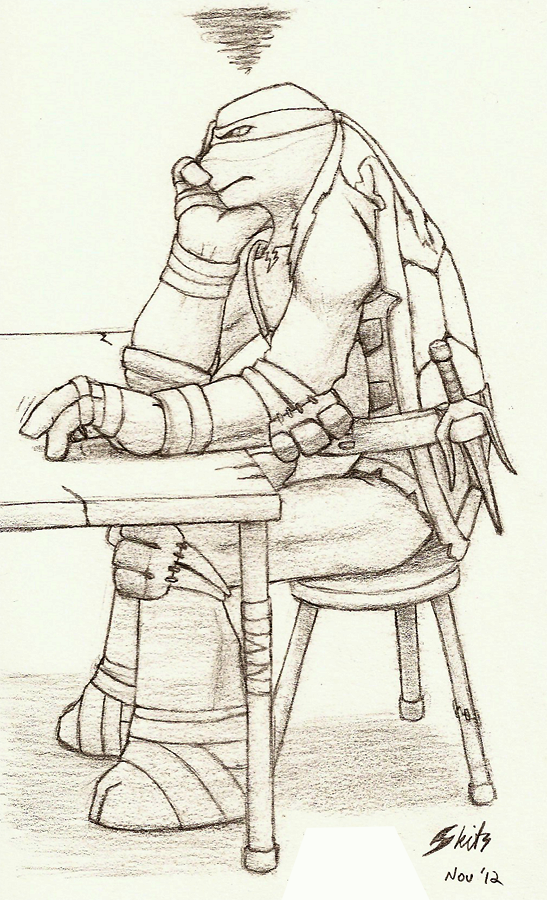 Pencil Sketch of Raphael sitting at a table, TMNT 2012
