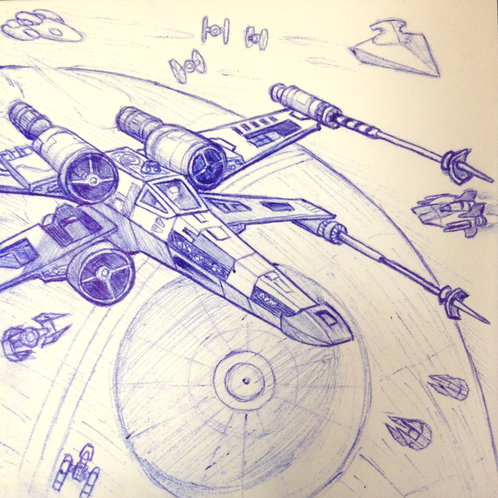 Ballpoint Pen Drawing of an X-Wing with other starfighters and a Death Star in the background, Star Wars
