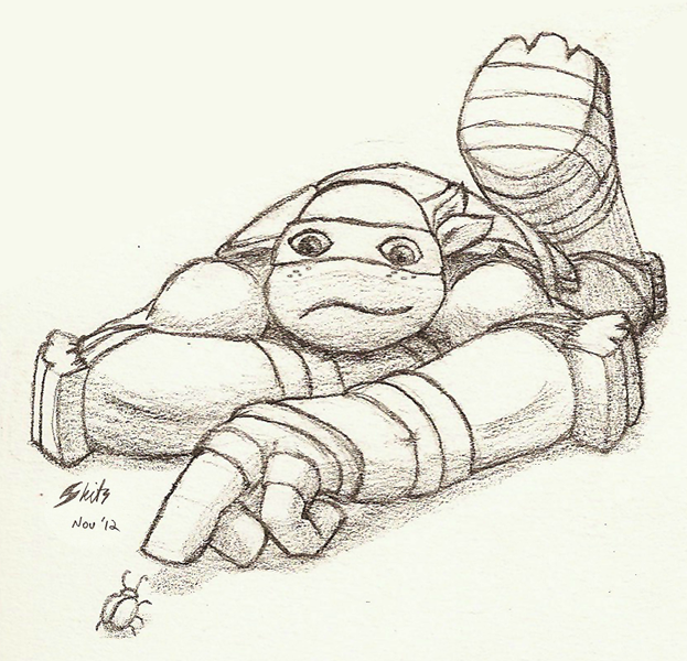 Pencil Sketch of Michelangelo looking at a bug, TMNT 2012