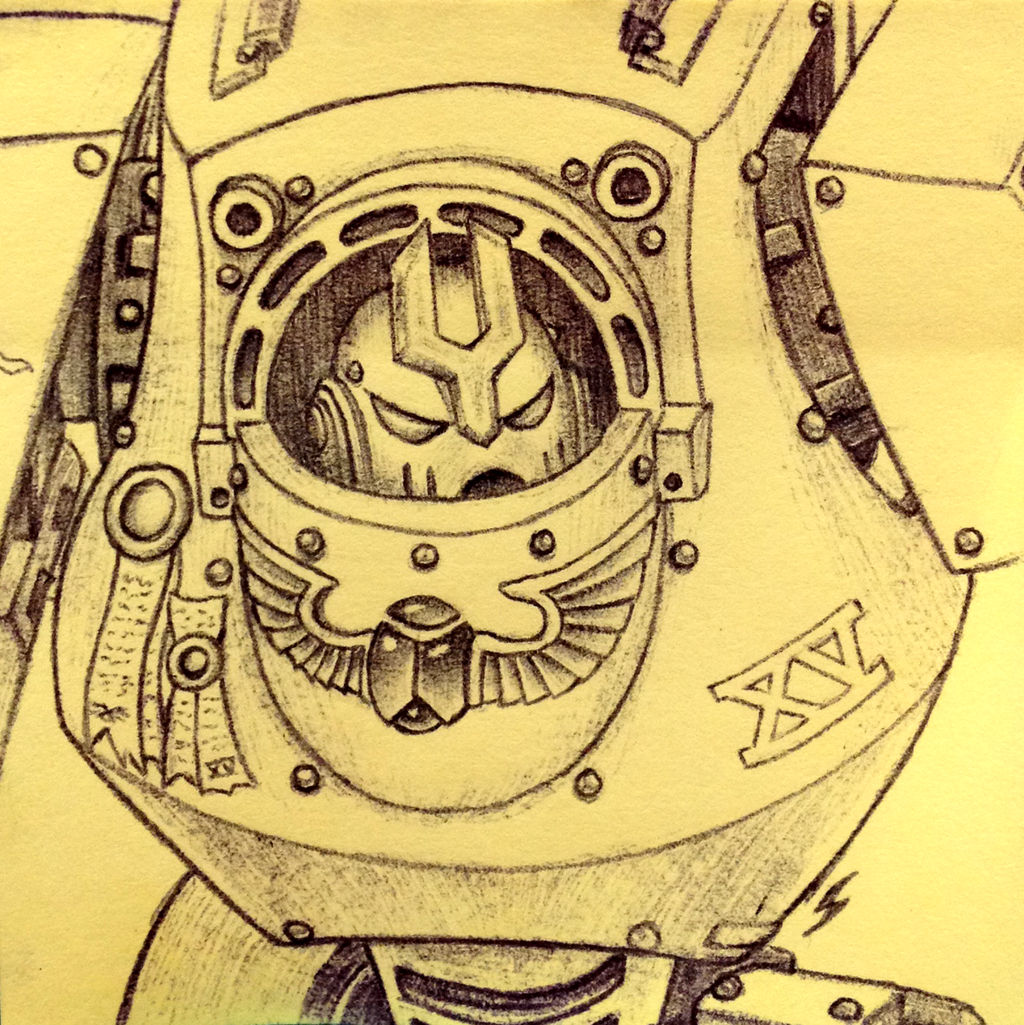 Ballpoint Pen Drawing of a 30k Thousand Sons Contemptor Dreadnought, Warhammer 40,000