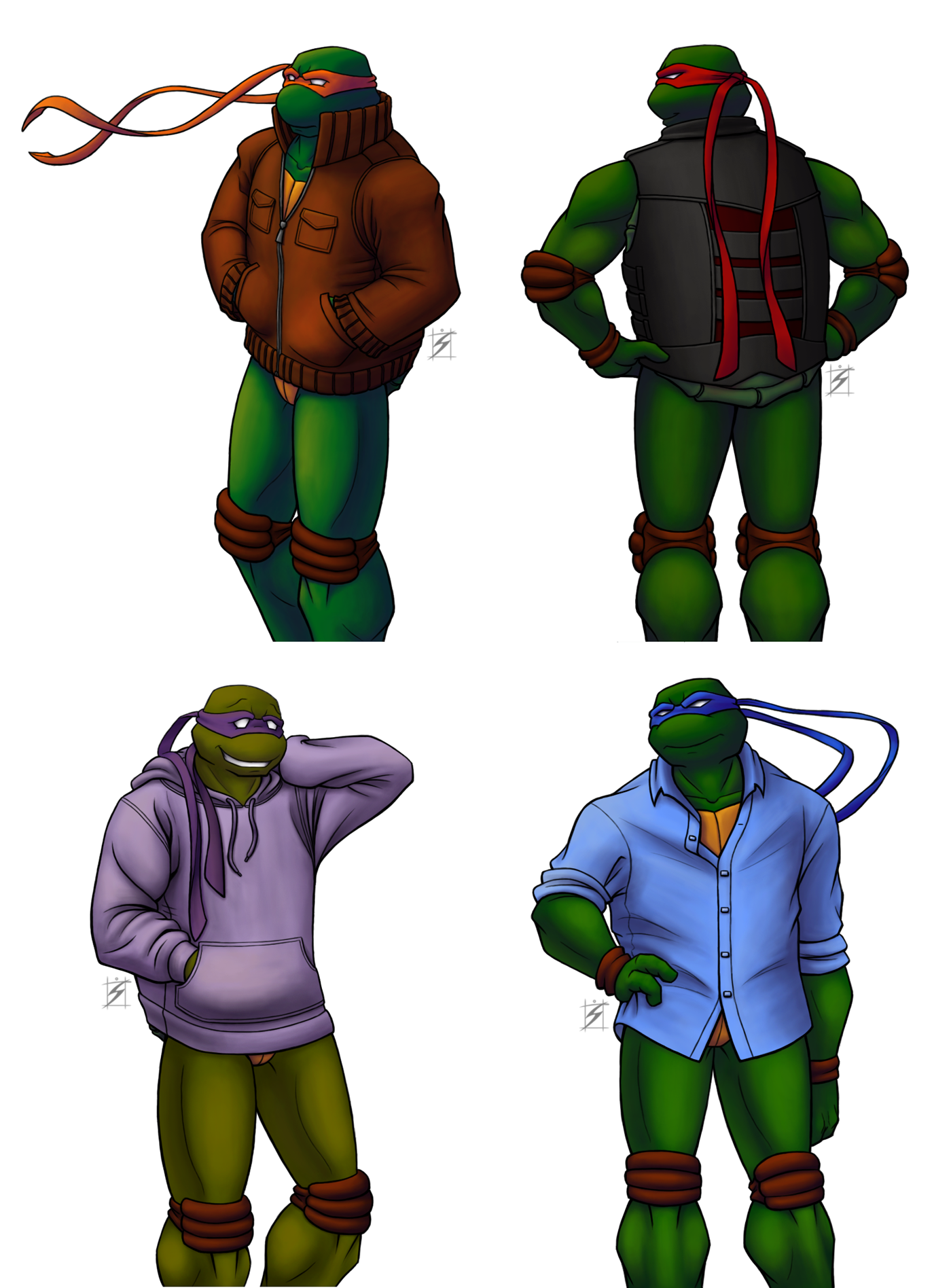 Digital Art of the Turtles wearing various shirts/jackets but no pants, TMNT 2003