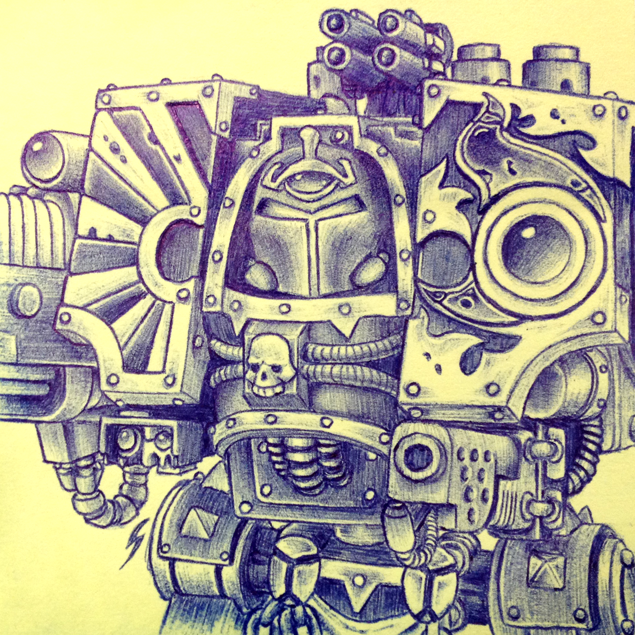 Ballpoint Pen Drawing of a 40k Thousand Sons Dreadnought, Warhammer 40,000