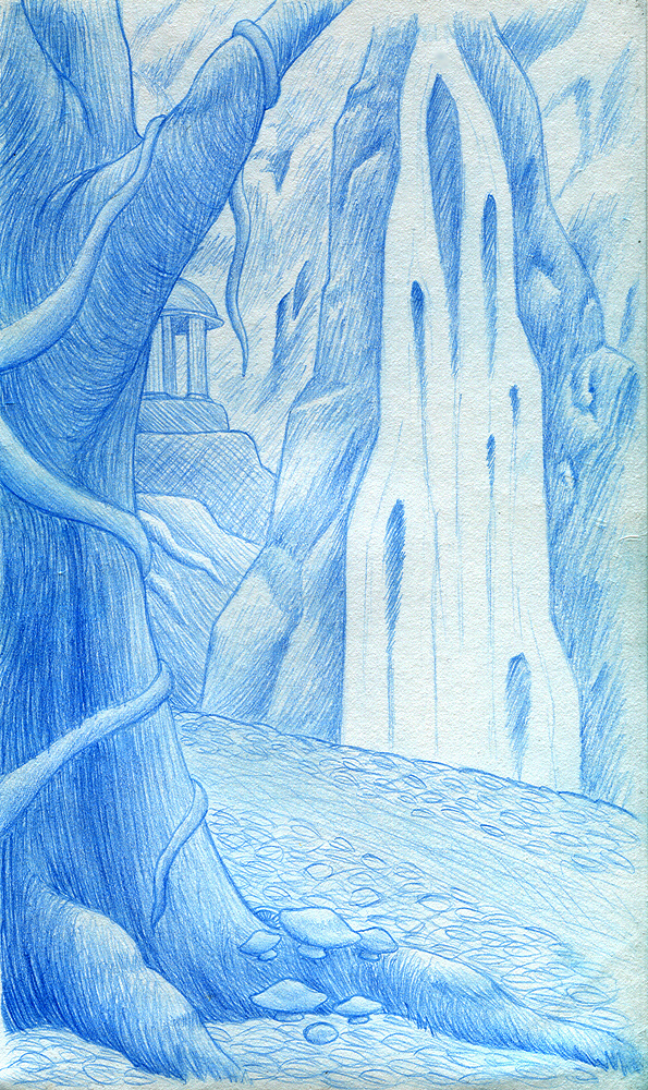 Blue Pencil Sketch of a landscape with a waterfall in the background and a tree in the foreground