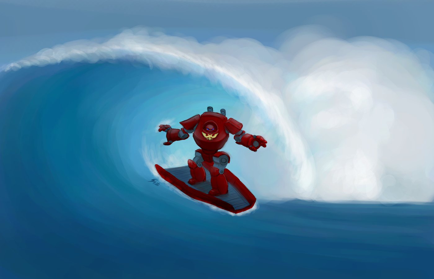 Digital Art of a Pre-Heresy Thousand Sons Contemptor Dreadnought surfing on a drop pod door, Warhammer 40,000
