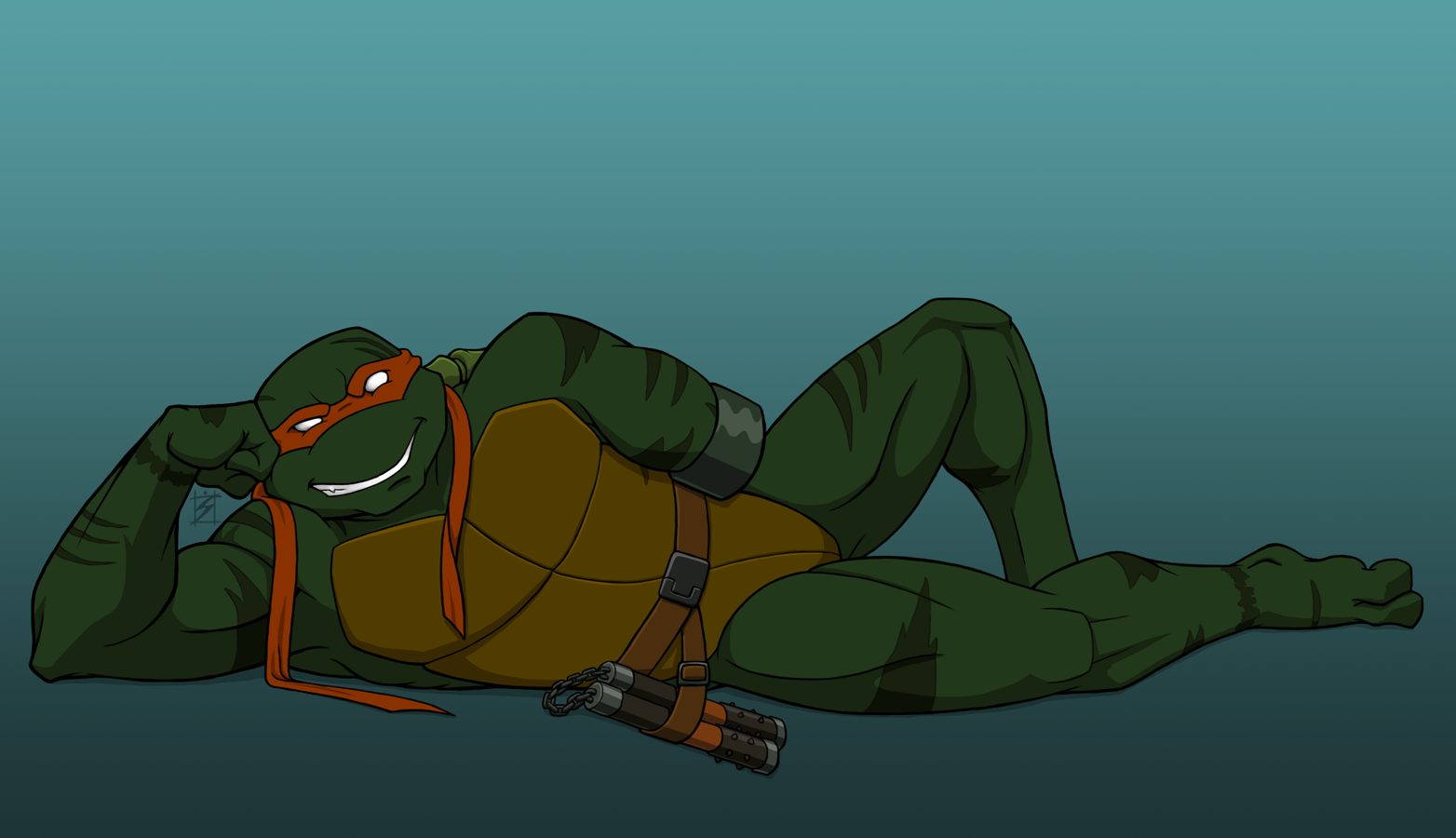 Digital Art of SAINW Michelangelo lying on his side with his head propped up on his hand, TMNT 2003