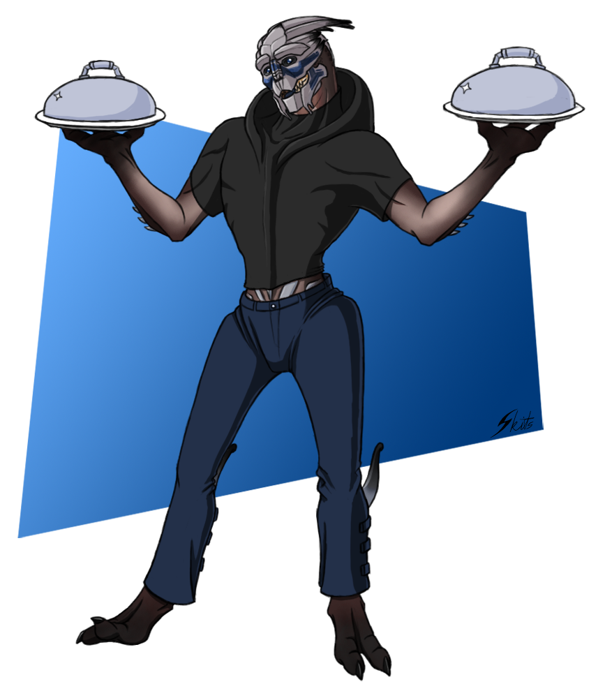 Digital Art of Garrus in civilian clothes, holding two covered platters, Mass Effect