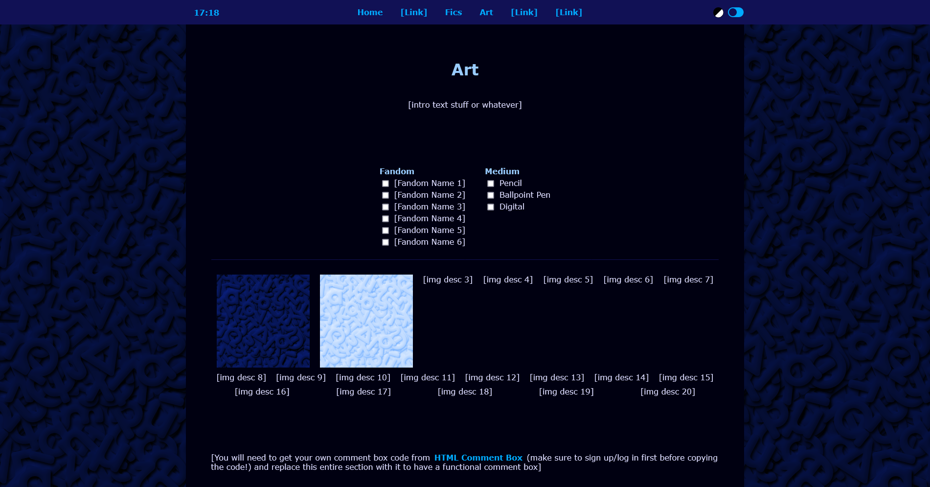 Example of the art page template in dark mode
