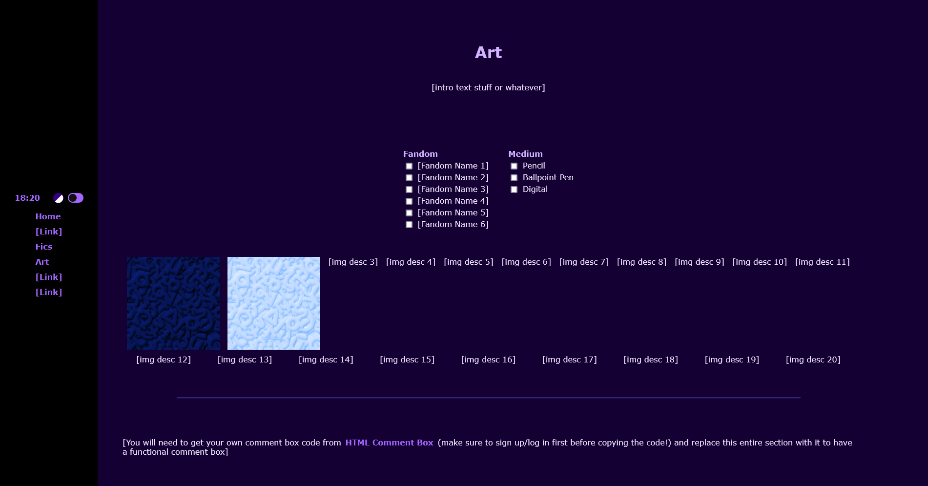 Example of the art page template in dark mode