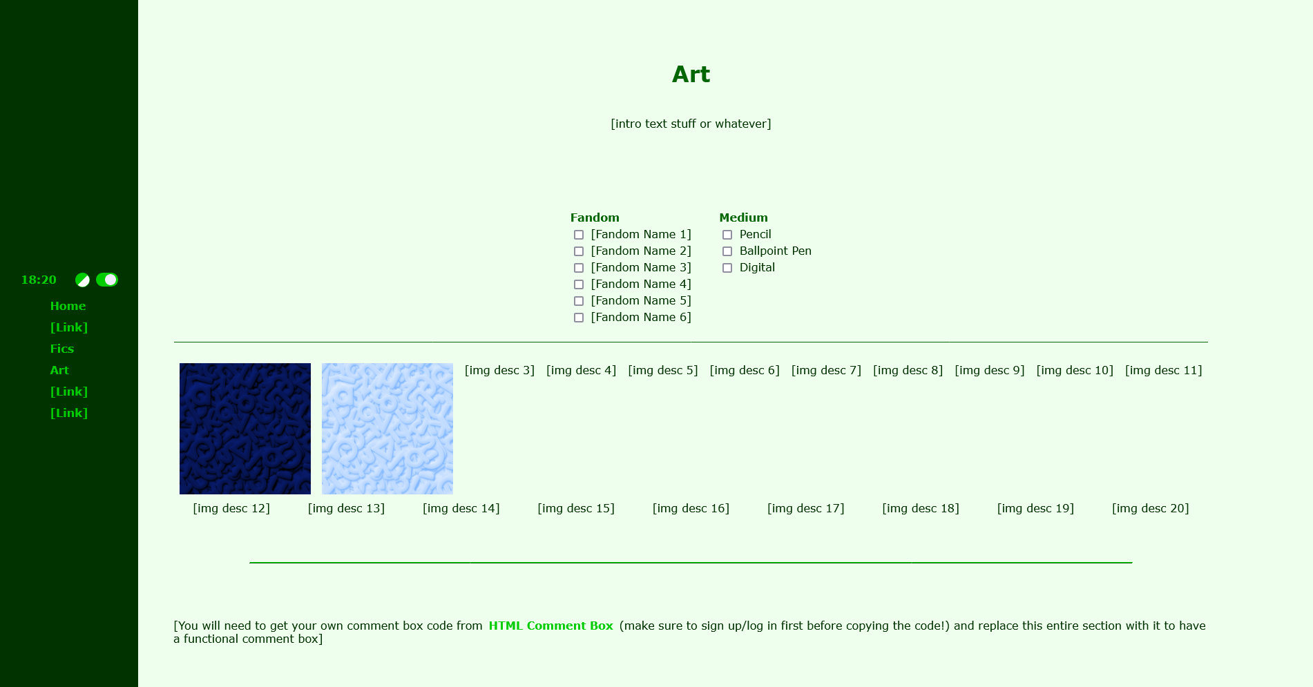Example of the art page template in light mode