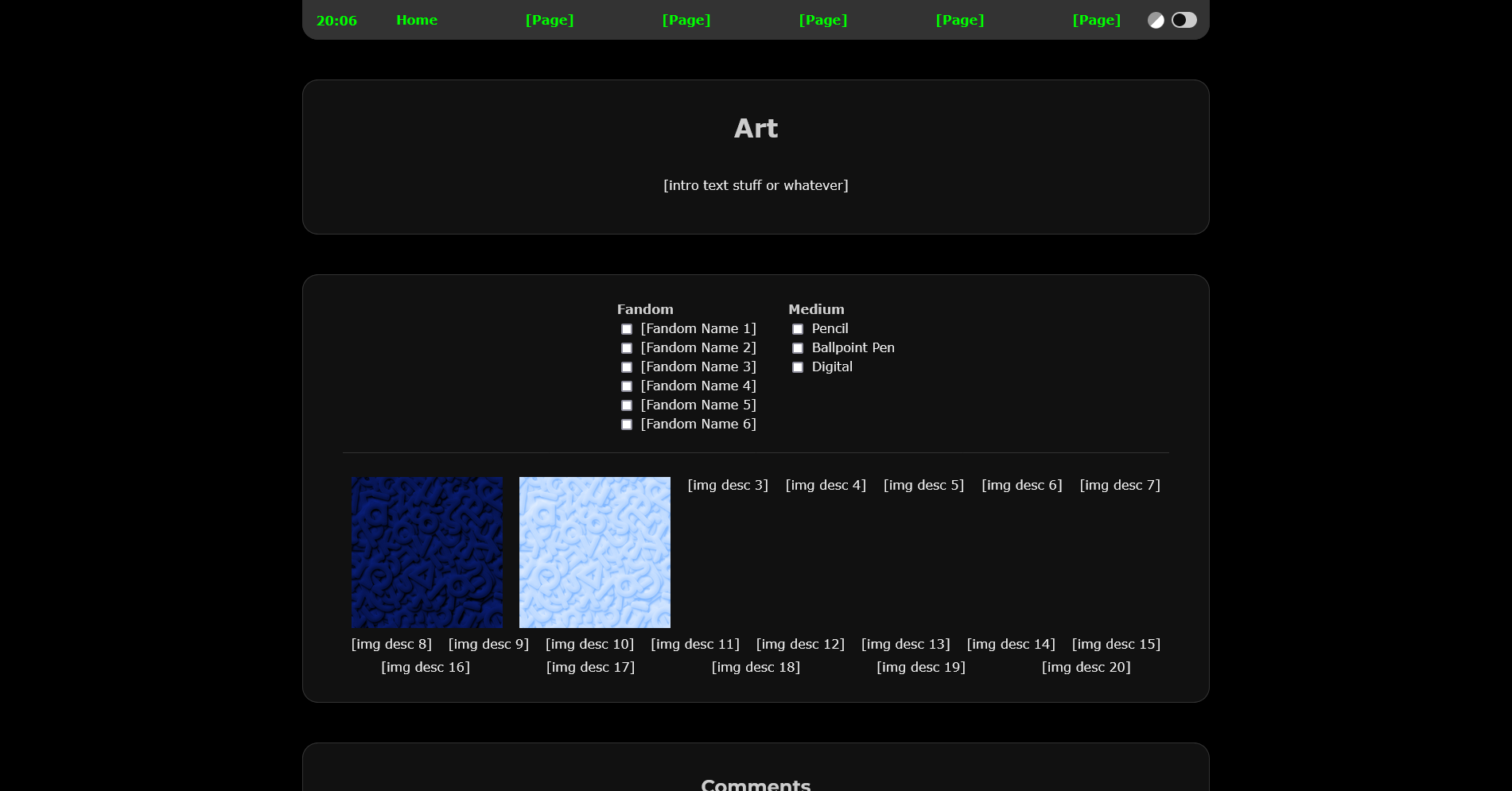 Example of the art page template in dark mode