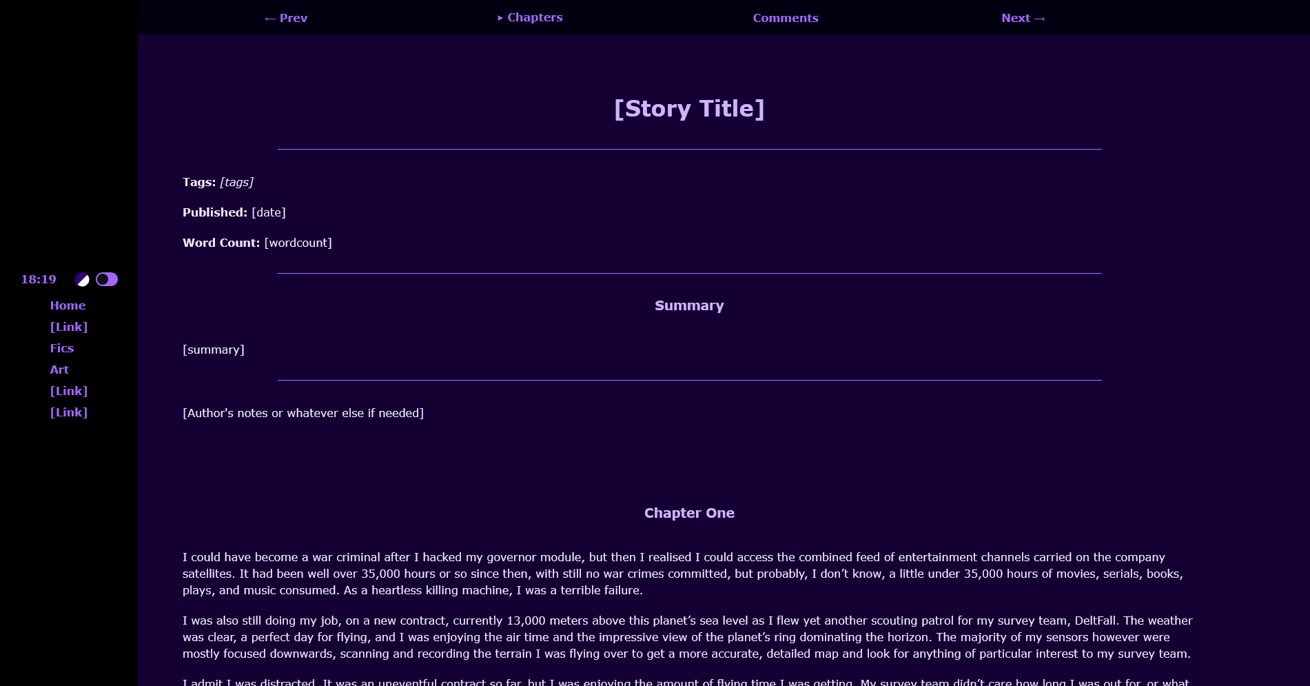 Example of the fic page template in dark mode