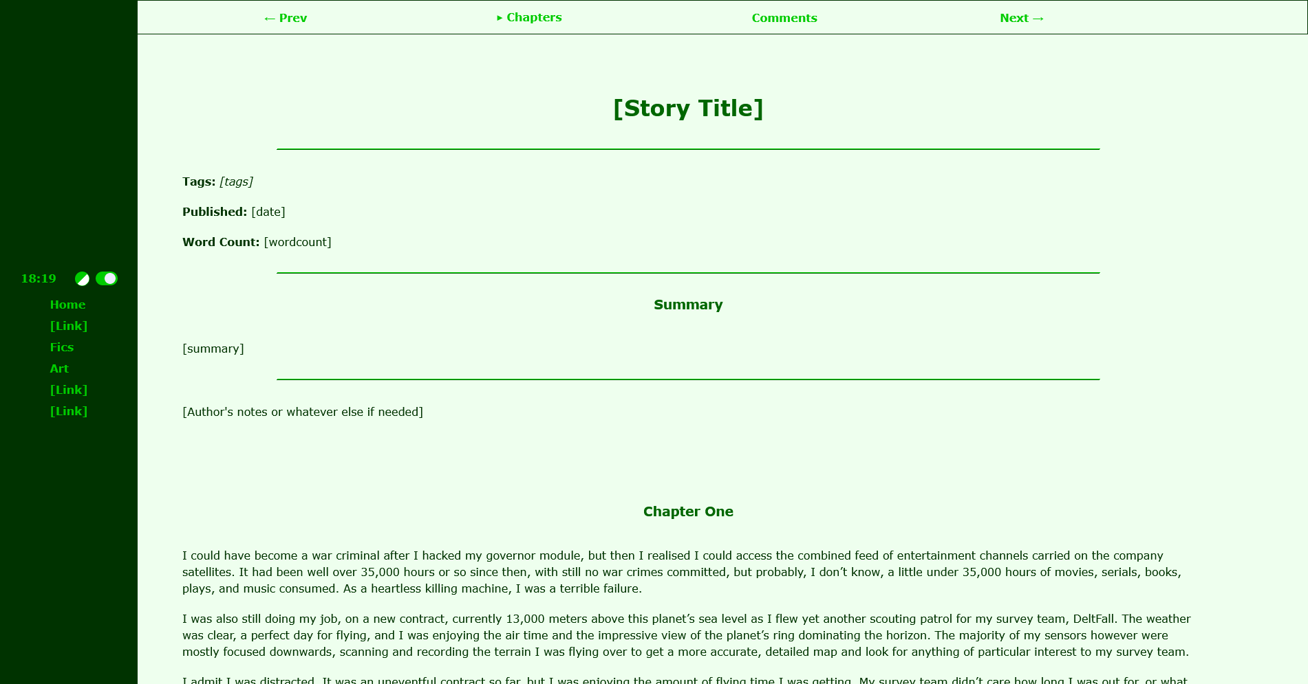 Example of the fic page template in light mode