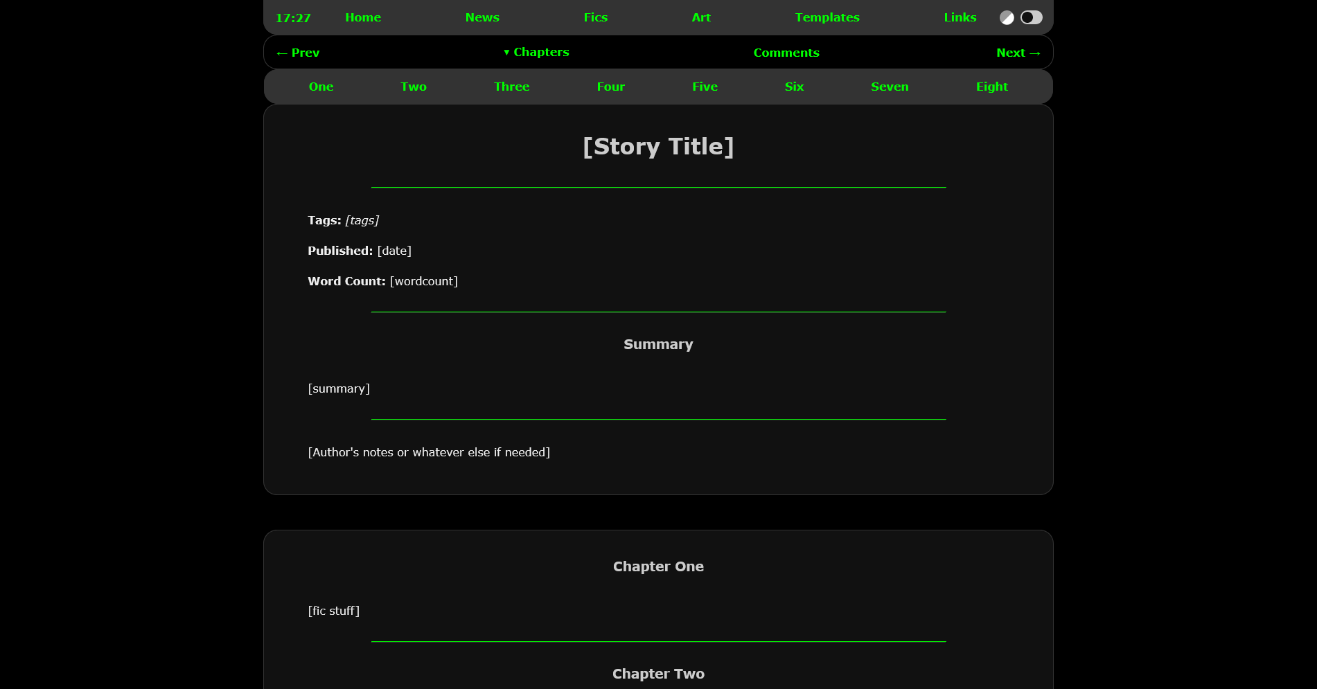 Example of the fic page template in dark mode