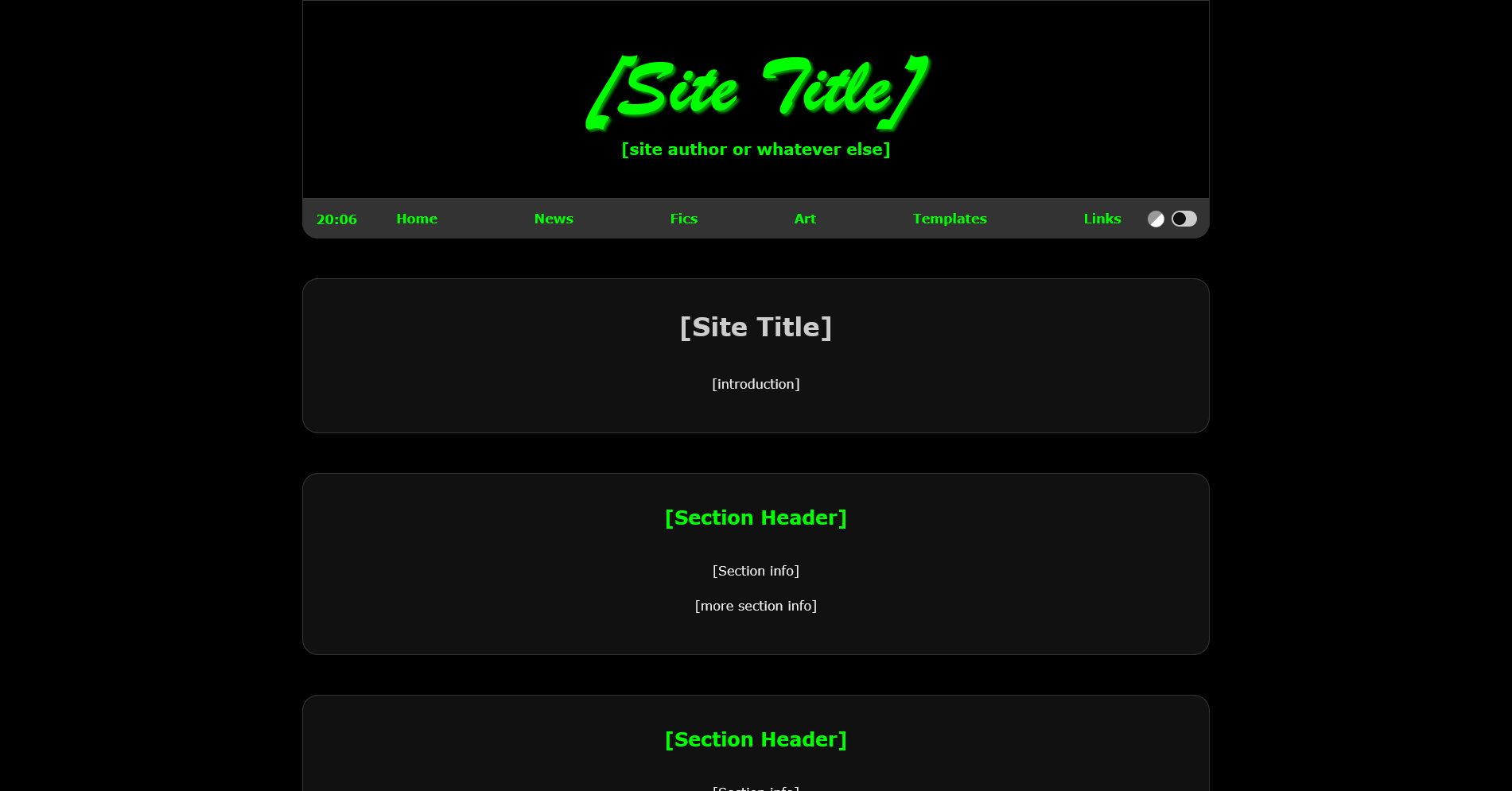 Example of the index page template in dark mode